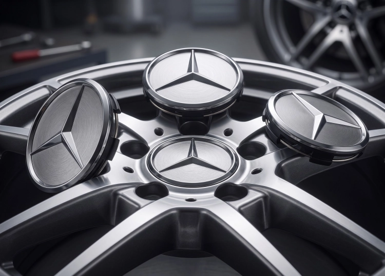 srebrne dekielki Mercedes-Benz zaślepki piasty koła detal