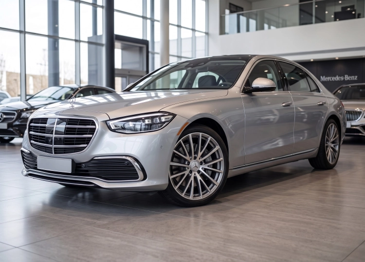 Srebrny Mercedes-Benz w salonie felgi aluminiowe z oryginalnymi dekielkami z logo