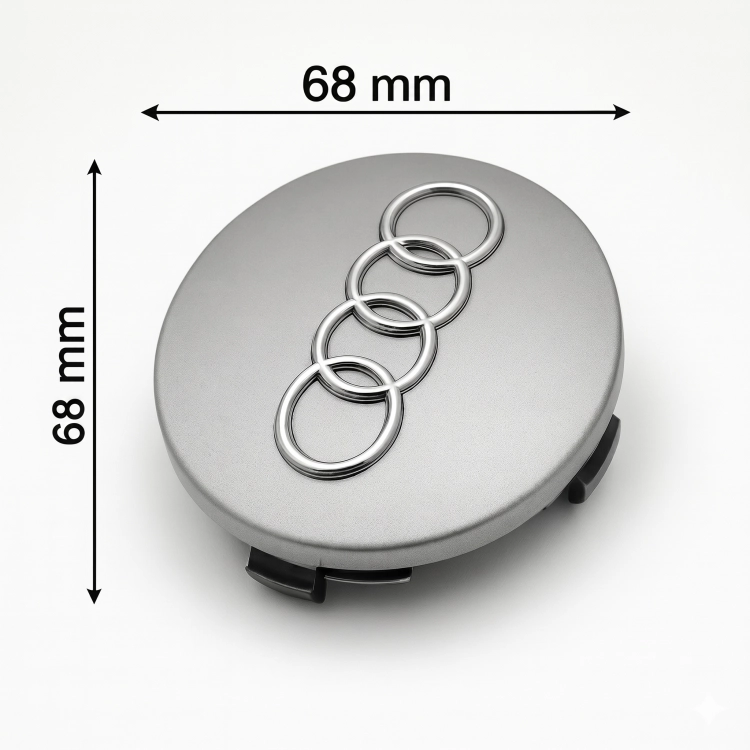 Zbliżenie na srebrny dekielek do felgi Audi 68mm z wypukłym, chromowanym logo czterech pierścieni.